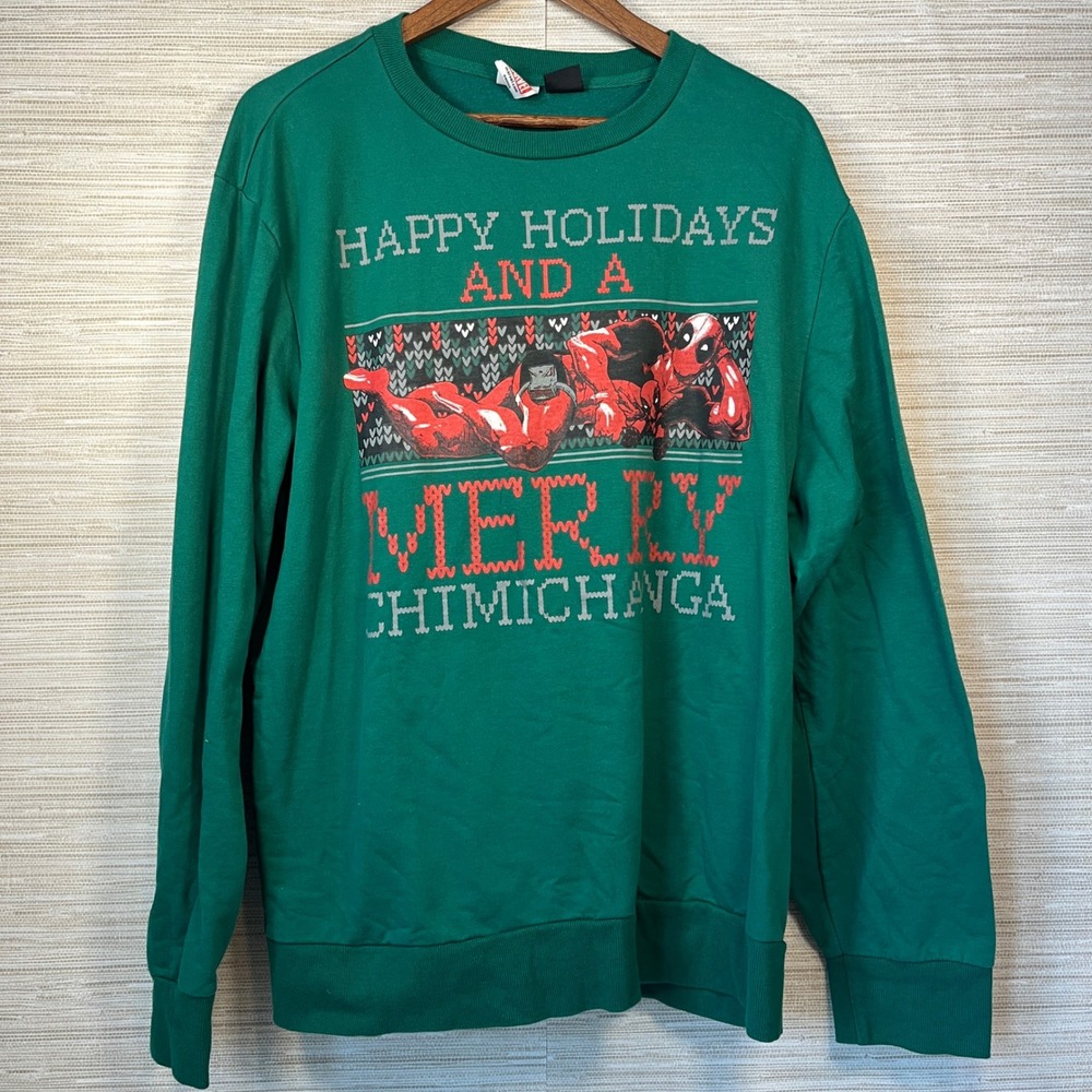 Marvel Deadpool Happy Holidays Merry Chimichanga Ugly Christmas Sweater Green XL